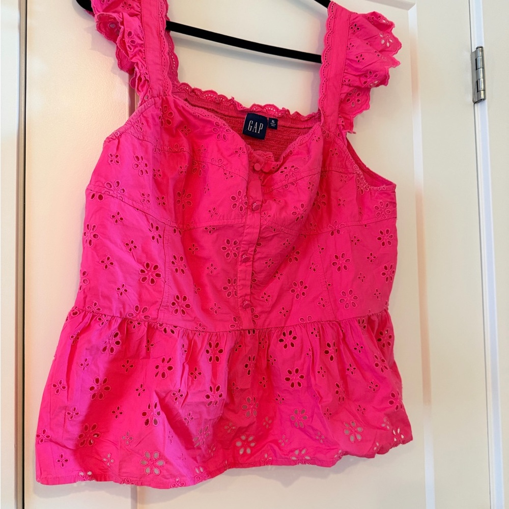 GAP Bright Pink Eyelet Peplum Tank with Ruffled Straps